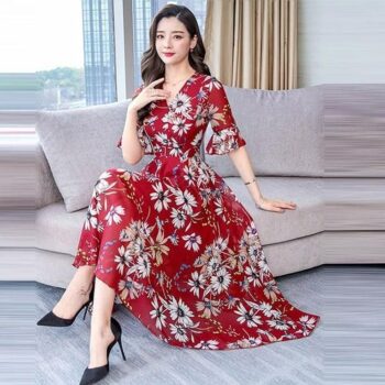 Women's Crepe Floral Gown, Drop Waist Flared Gown