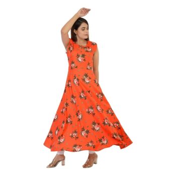 Women's Crepe Gown Floral Print Fit & Flare A Line Gown with Mask