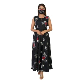 Women's Crepe Gown Floral Print Fit & Flare A Line Gown with Mask