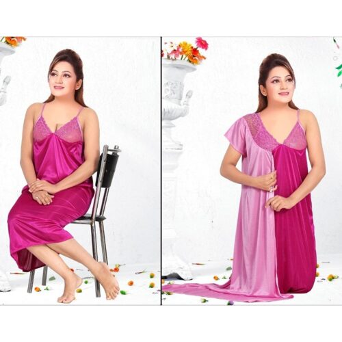 Women's Gorgeous Satin Solid Night Gown With Robe