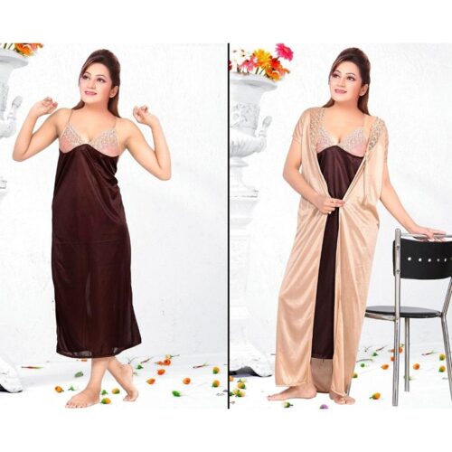 Women's Gorgeous Satin Solid Night Gown With Robe