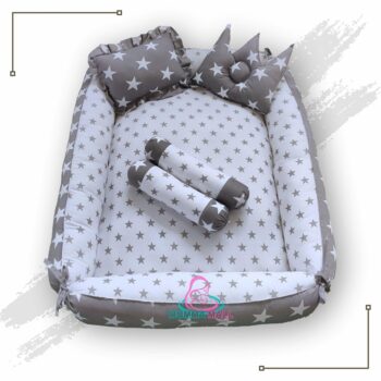 Baby Box Mattress With Blanket And Set Of 4 Pillows As Neck Support, Side Support And Toy (Grey And White)