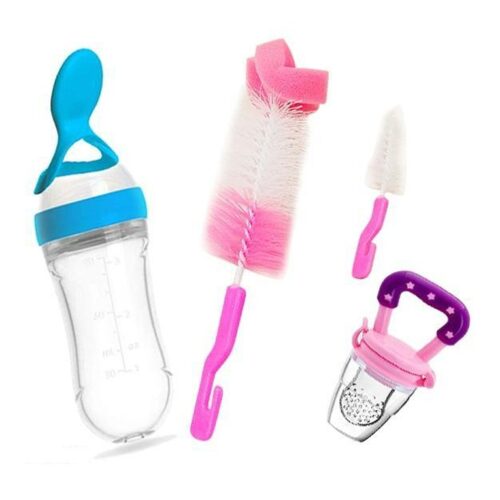 Combo Pack of 3 Spoon Bottle for Baby Fruit Chewer Feeder & Bottle + Fruit Feeder Cleaning Brush Assorted Color