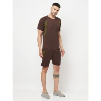 Cotton Blend Men T-Shirt With Shorts Half Sleeves - Brown