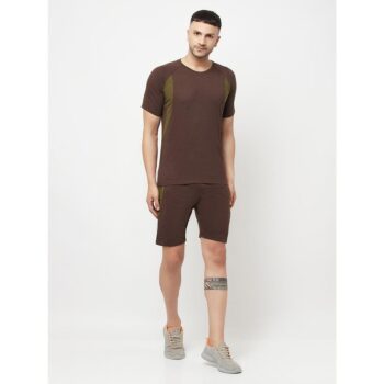 Cotton Blend Men T-Shirt With Shorts Half Sleeves - Brown