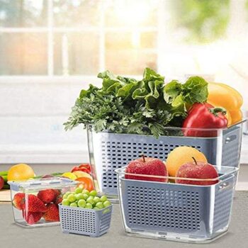 Fresh Produce Saver Veggie Fruit Storage Containers for Refrigerator, Fridge Food Storage Containers, Organizer Bins, Draining Crisper with Strainers