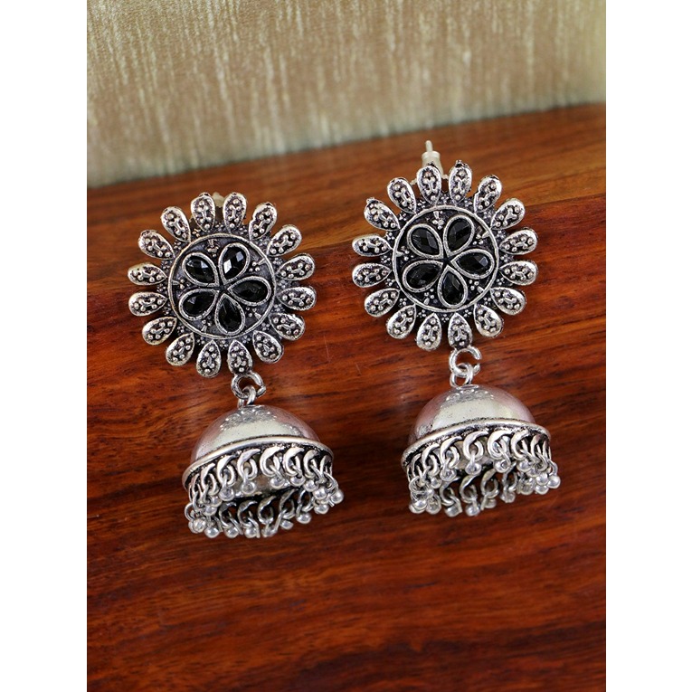 Inaraa German Silver Jhumka Earrings Black Stone Floral Style