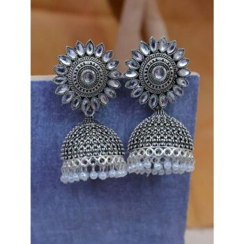 Inaraa Traditional Silver-plated Jhumka Earrings White Kundan Work