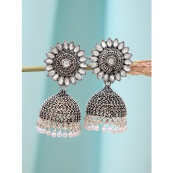 Inaraa Traditional Silver-plated Jhumka Earrings White Kundan Work