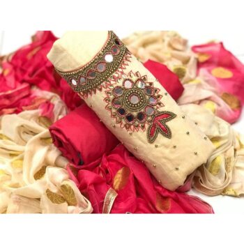 Latest Cotton Navratri Dress Material With Embroidered Work - Cream, Red