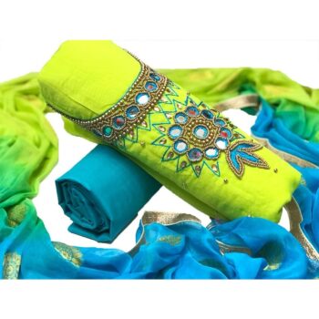 Latest Cotton Navratri Dress Material With Embroidered Work - Green, Blue