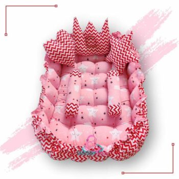 Rectangle Baby Tub Bed With Blanket And Set Of 5 Pillows As Neck Support Side Support And Toy Pink And Red 3