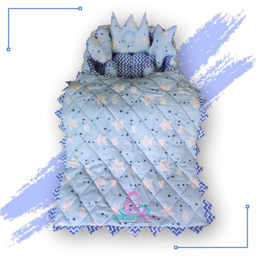 Rectangle Baby Tub Bed With Blanket And Set Of 5 Pillows As Neck Support Side Support And Toy Sky And Blue 1