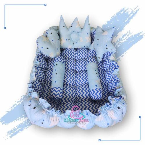 Rectangle Baby Tub Bed With Blanket And Set Of 5 Pillows As Neck Support Side Support And Toy Sky And Blue 4