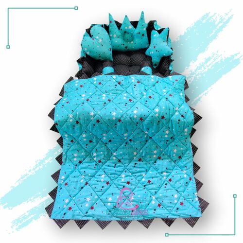 Rectangle Baby Tub Bed With Blanket And Set Of 5 Pillows As Neck Support, Side Support And Toy (Turquoise And Black)