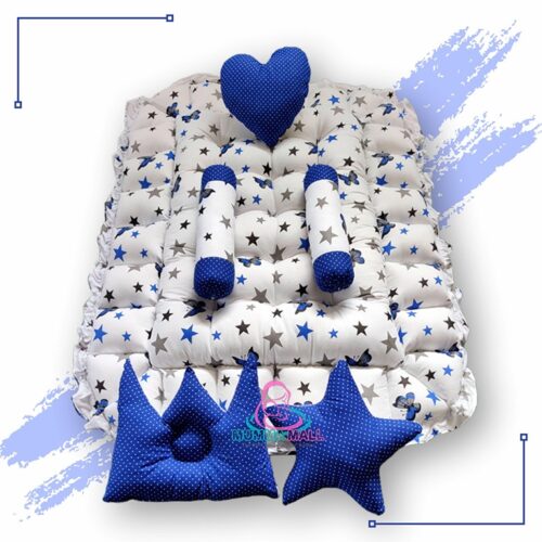Rectangle Baby Tub Bed With Set Of 5 Pillows As Neck Support Side Support And Toy Blue And White 3