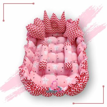Rectangle Baby Tub Bed With Set Of 5 Pillows As Neck Support, Side Support And Toy (Pink And Red)