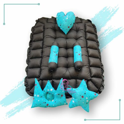 Rectangle Baby Tub Bed With With Set Of 5 Pillows As Neck Support Side Support And Toy Turquoise And Black 4