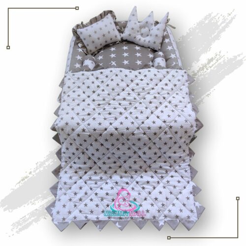 Round Baby Tub Bed With Blanket And Set Of 5 Pillows As Neck Support, Side Support And Toy (Grey And White)