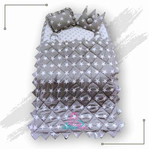 Round Baby Tub Bed With Blanket And Set Of 5 Pillows As Neck Support Side Support And Toy Grey And White 2