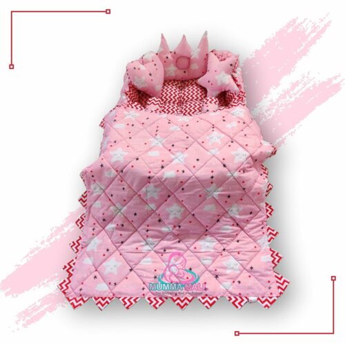 Round Baby Tub Bed With Blanket And Set Of 5 Pillows As Neck Support Side Support And Toy Pink And Red1