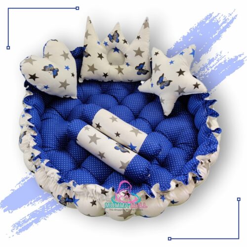 Round Baby Tub Bed With Set Of 5 Pillows As Neck Support Side Support And Toy Blue And White 2