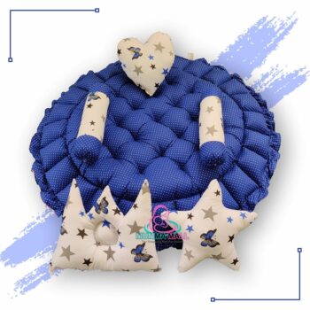 Round Baby Tub Bed With Set Of 5 Pillows As Neck Support Side Support And Toy Blue And White 4