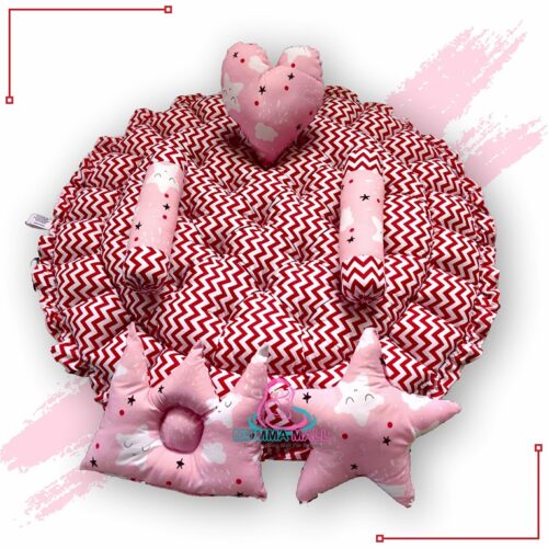 Round Baby Tub Bed With Set Of 5 Pillows As Neck Support Side Support And Toy Pink And Red 4