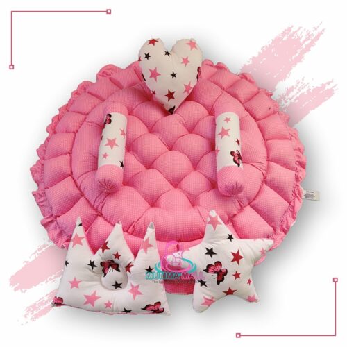 Round Baby Tub Bed With Set Of 5 Pillows As Neck Support Side Support And Toy Pink And White 4