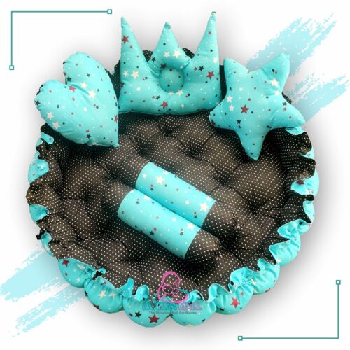 Round Baby Tub Bed With Set Of 5 Pillows As Neck Support Side Support And Toy Turquoise And Black 2