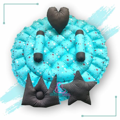 Round Baby Tub Bed With Set Of 5 Pillows As Neck Support Side Support And Toy Turquoise And Black 3