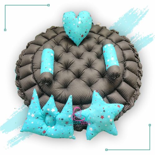 Round Baby Tub Bed With Set Of 5 Pillows As Neck Support Side Support And Toy Turquoise And Black 4