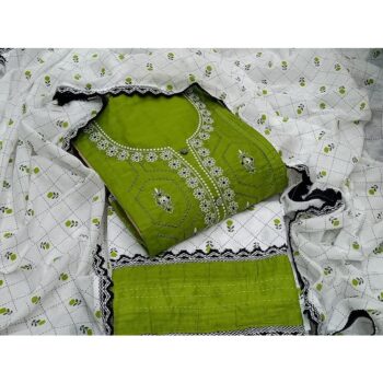 Women Stunning Embroidered Cotton Dress Material - Green