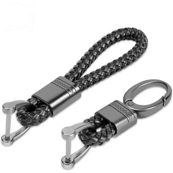 2 Pack Genuine Leather Keychain with Zinc Alloy Buckle Keyring (Black)