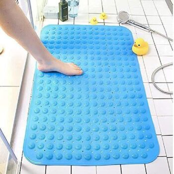 Anti Slip Bathroom Mat Bathtub Bath Shower Mat with Suction Cups & Drain Holes Door Mat Foot Massage Scrubber Bath Mat (Blue)