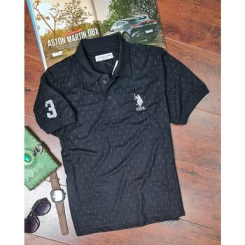 Cotton Printed USPA Polo T-Shirt - Black