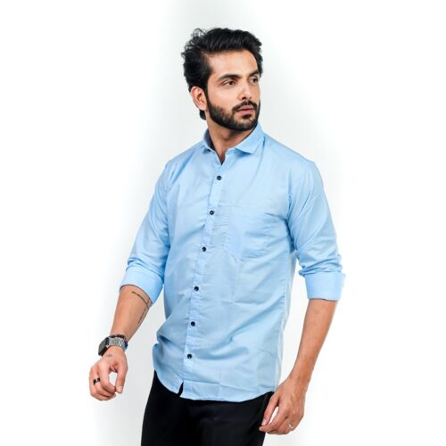 Cotton Solid Full Sleeves Men Formal Shirt Blue 4 1