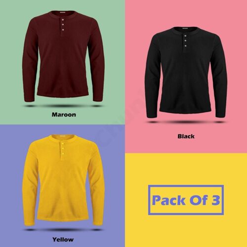 LazyChunks T-Shirt Cotton Solid Full Sleeves For Men (Pack Of 3) - Maroon, Yellow and Black