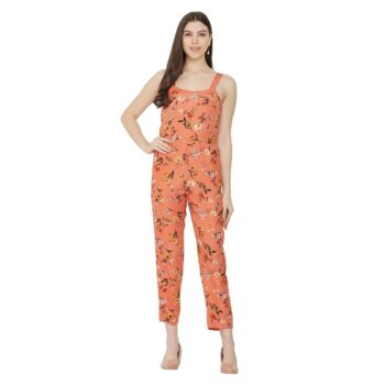 Women Jumpsuit Crepe Floral Print Shoulder Strap -Peach
