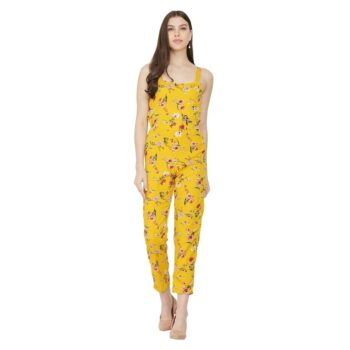 Women Jumpsuit Crepe Floral Print Shoulder Strap -Yellow 1