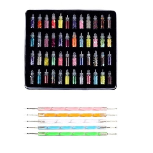 48 Bottles 3D nail art Glitter Rihnestones Sequins Dust Powder set & 5 Pcs Double Sided Nail Dotting Tool Pen 1