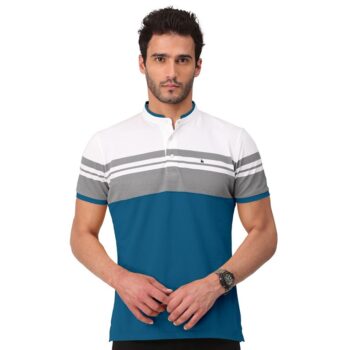 Bullmer T-Shirt Cotton Blend Color Block Half Sleeve - White, Blue