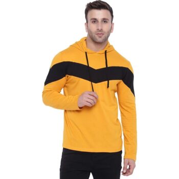 Cotton Blend Color Block Full Sleeves Hooded Neck T-Shirt For Men-Yellow
