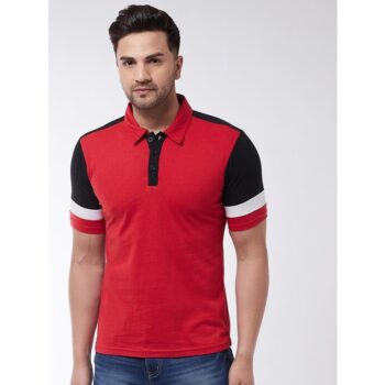 Cotton Blend Color Block Half Sleeve Polo T-Shirt For Men - Red