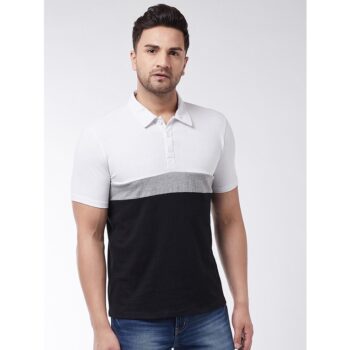 Cotton Blend Color Block Half Sleeve Polo T-Shirt For Men - White