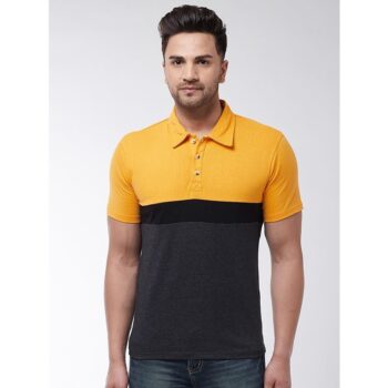 Cotton Blend Color Block Half Sleeve Polo T-Shirt For Men - Yellow