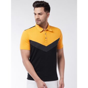 Cotton Blend Color Block Half Sleeve Polo T-Shirt - Yellow