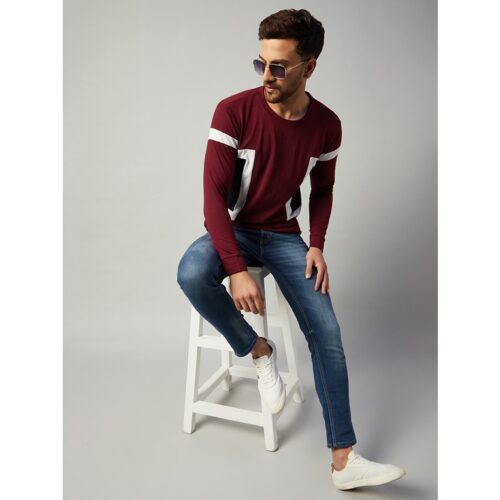 Cotton Blend Color Block Regular Fit Full Sleeve T shirt For Men - Maroon 1