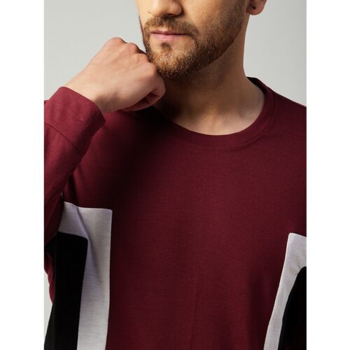 Cotton Blend Color Block Regular Fit Full Sleeve T shirt For Men Maroon 2