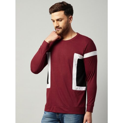 Cotton Blend Color Block Regular Fit Full Sleeve T shirt For Men Maroon 3